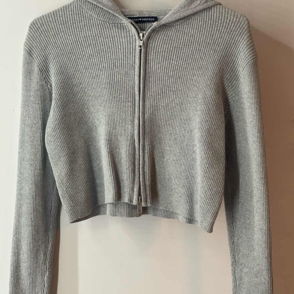Brandy Melville Gray Ribbed Zip-Up Hoodie